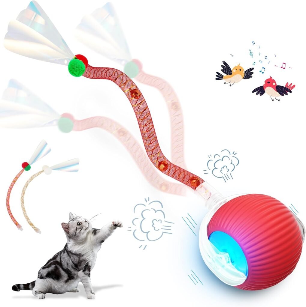 Interactive Cat Toys for Indoor Cats, 2025 New Generation Interactive Cat Ball Toy with Elastic Mesh Tail, Automatic Cat/Kitten Toys with Chirping Motion Activate, Cat Toys for Bored Indoor(Red)