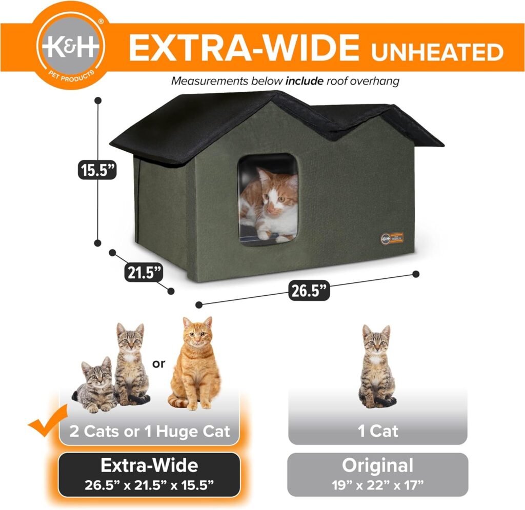KH Pet Products Extra-Wide Heated Outdoor Cat House for Outside Pets in Winter, Weatherproof Outdoor House for Ferals, Insulated Shelter, 2 Doors, Waterproof Heated Cat Bed, Safety Listed - Olive