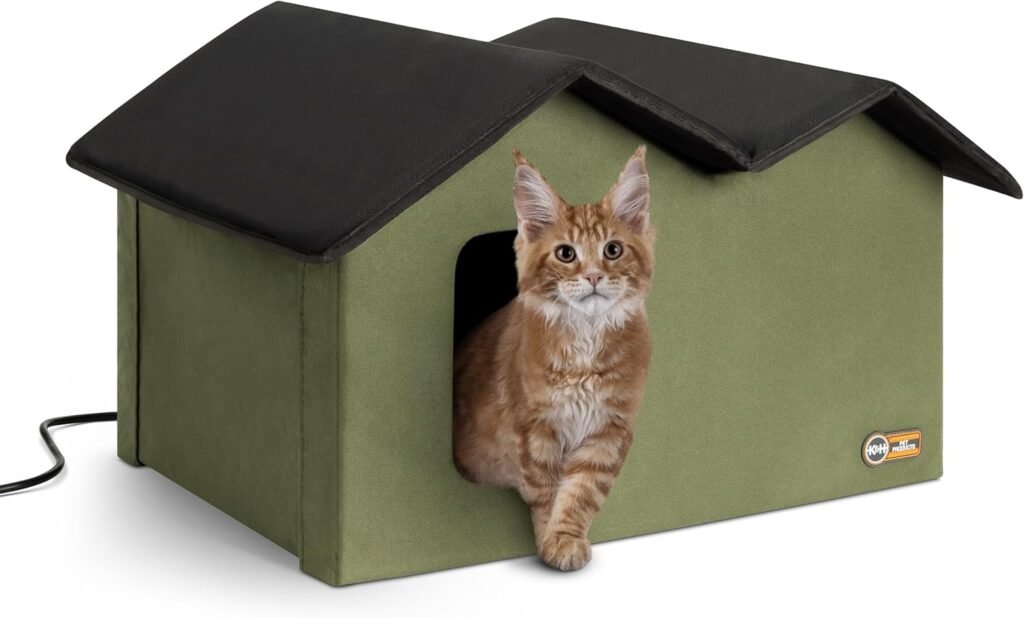 KH Pet Products Extra-Wide Heated Outdoor Cat House for Outside Pets in Winter, Weatherproof Outdoor House for Ferals, Insulated Shelter, 2 Doors, Waterproof Heated Cat Bed, Safety Listed - Olive