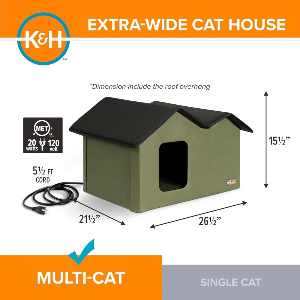 KH Pet Products Extra-Wide Heated Outdoor Cat House for Outside Pets in Winter, Weatherproof Outdoor House for Ferals, Insulated Shelter, 2 Doors, Waterproof Heated Cat Bed, Safety Listed - Olive