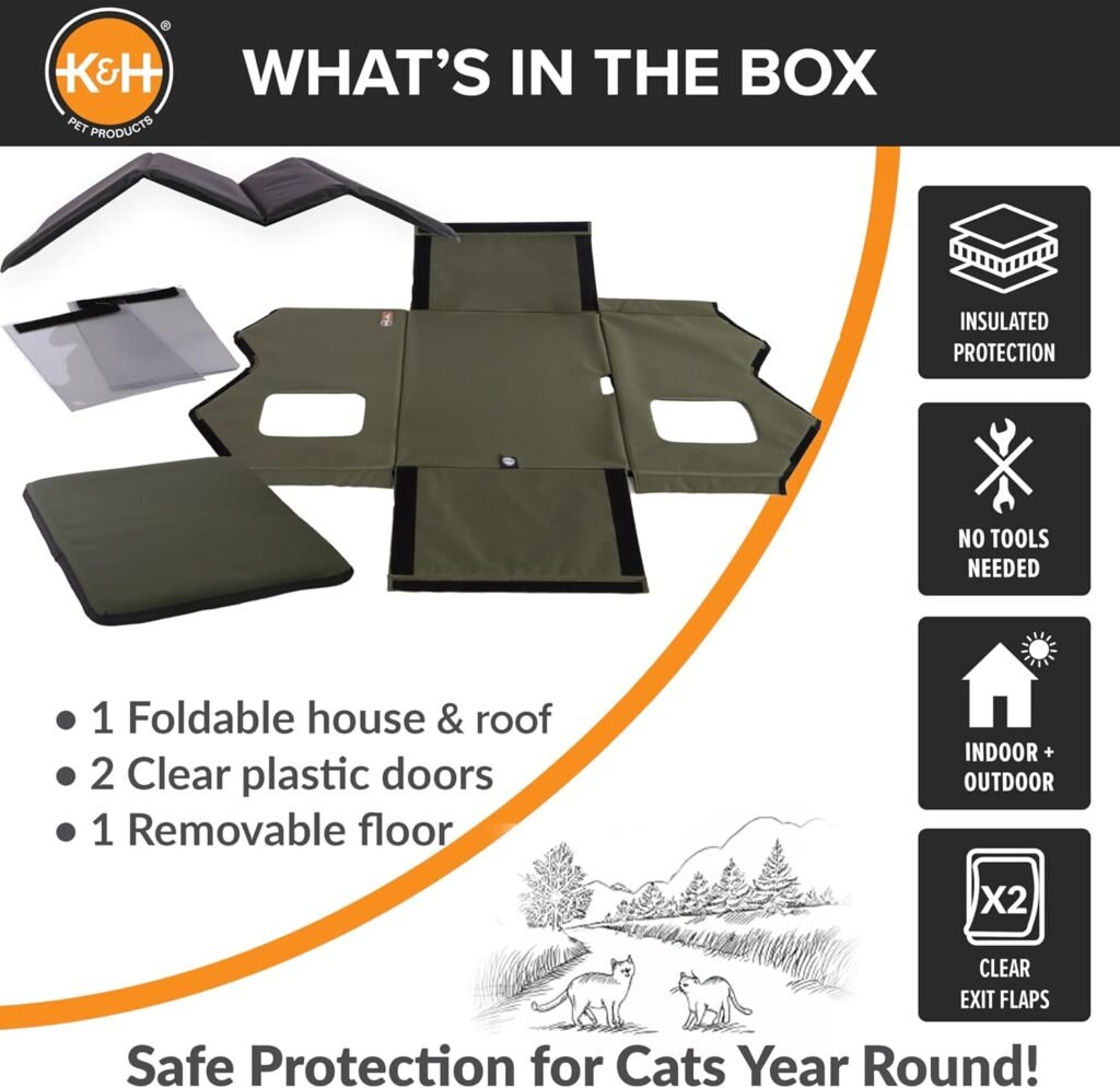 KH Pet Products Extra-Wide Heated Outdoor Cat House for Outside Pets in Winter, Weatherproof Outdoor House for Ferals, Insulated Shelter, 2 Doors, Waterproof Heated Cat Bed, Safety Listed - Olive