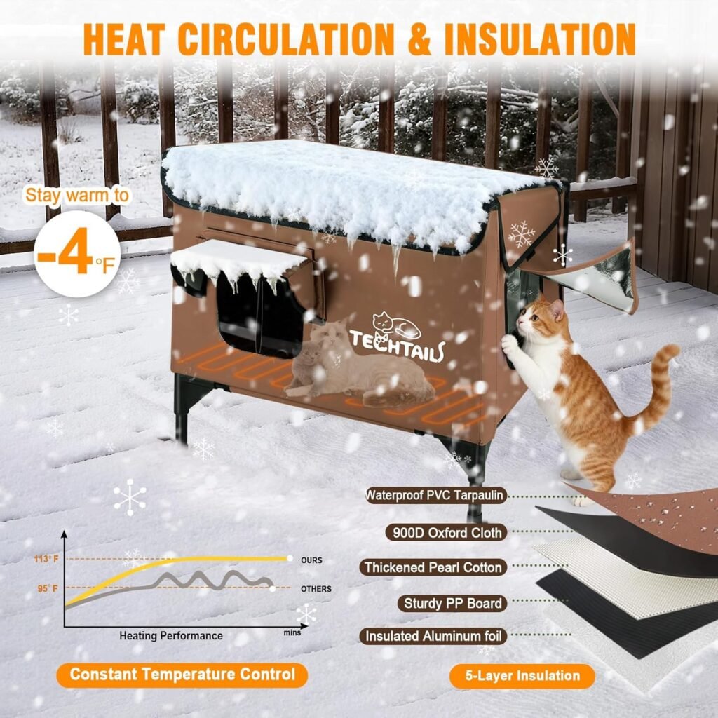 Large Heated Outdoor Cat House for Outside Winter, Insulated Weatherproof Cat Shelter with Slanted Roof, Escape Door  Heating Pad, Elevated Kitty Bed Feral Cat House for Outdoor Cats Stray Barn Cat