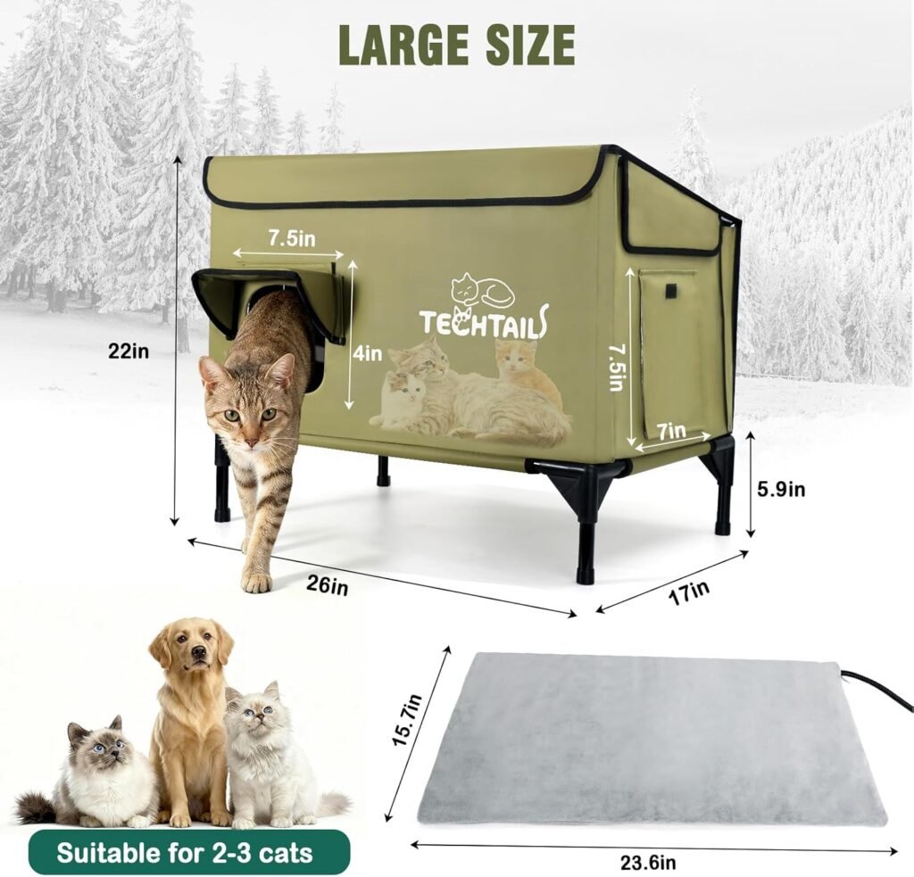 Large Heated Outdoor Cat House for Outside Winter, Insulated Weatherproof Cat Shelter with Slanted Roof, Escape Door  Heating Pad, Elevated Kitty Bed Feral Cat House for Outdoor Cats Stray Barn Cat