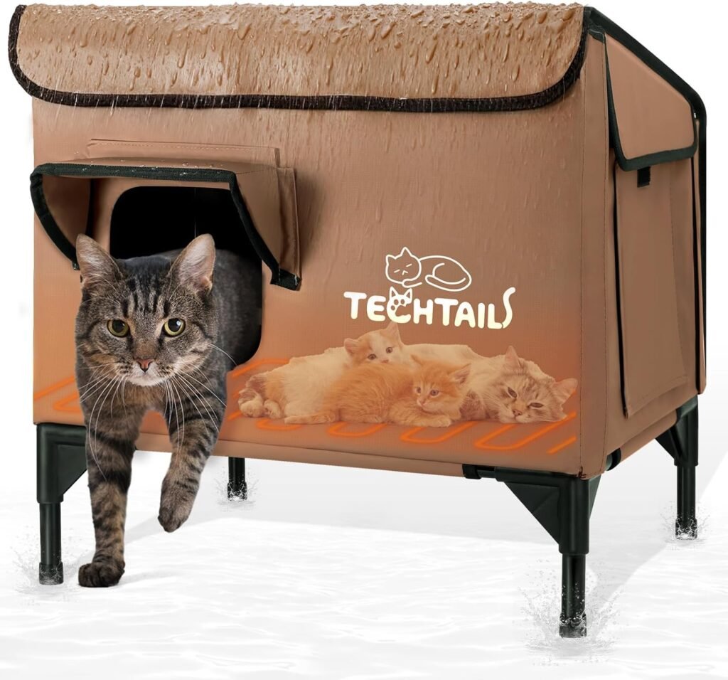 Large Heated Outdoor Cat House for Outside Winter, Insulated Weatherproof Cat Shelter with Slanted Roof, Escape Door  Heating Pad, Elevated Kitty Bed Feral Cat House for Outdoor Cats Stray Barn Cat