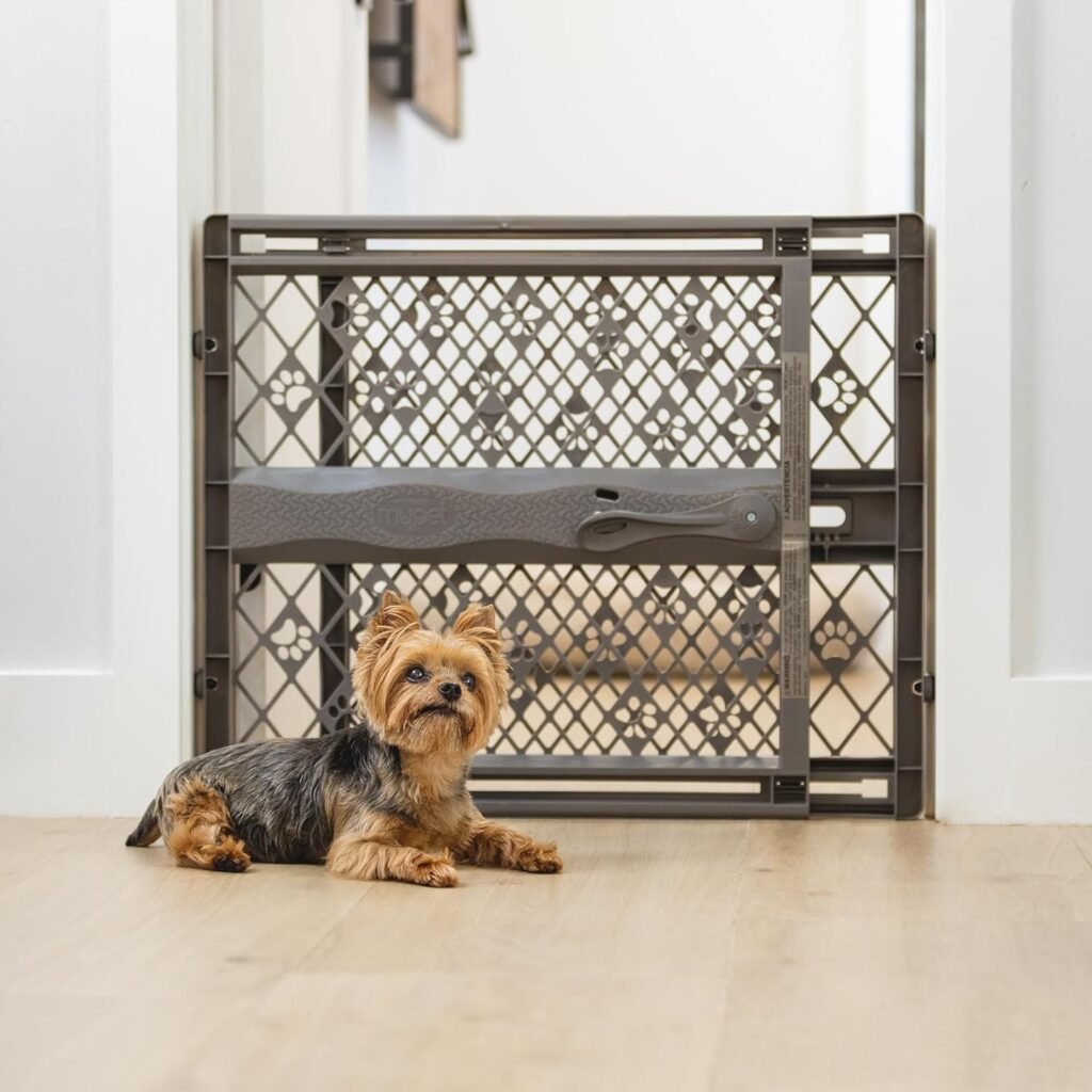 MYPET North States Paws Portable Pet Gate: 26-40 Wide. Pressure Mount. No Tools Needed. Made in USA, 23 Tall, Expandable, Durable Dog Gates for Doorways, Fieldstone Gray