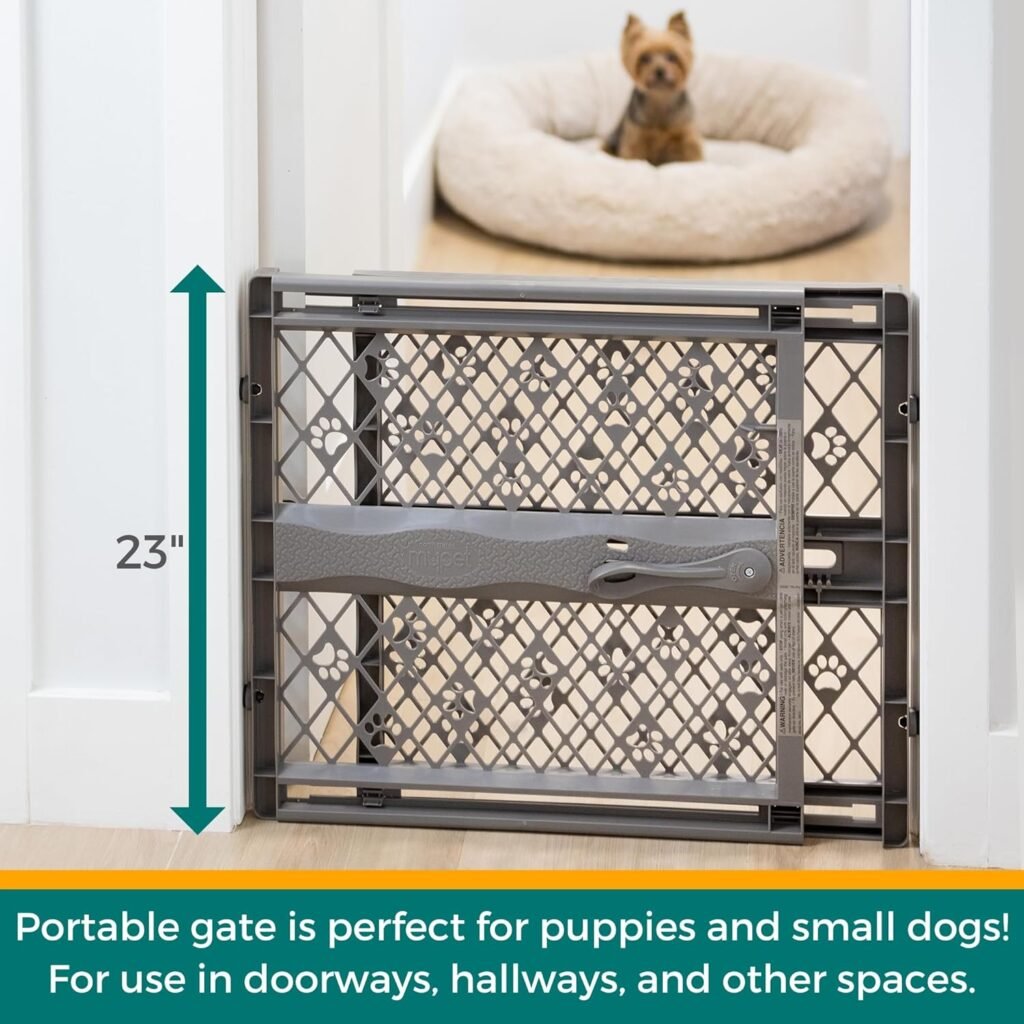 MYPET North States Paws Portable Pet Gate: 26-40 Wide. Pressure Mount. No Tools Needed. Made in USA, 23 Tall, Expandable, Durable Dog Gates for Doorways, Fieldstone Gray