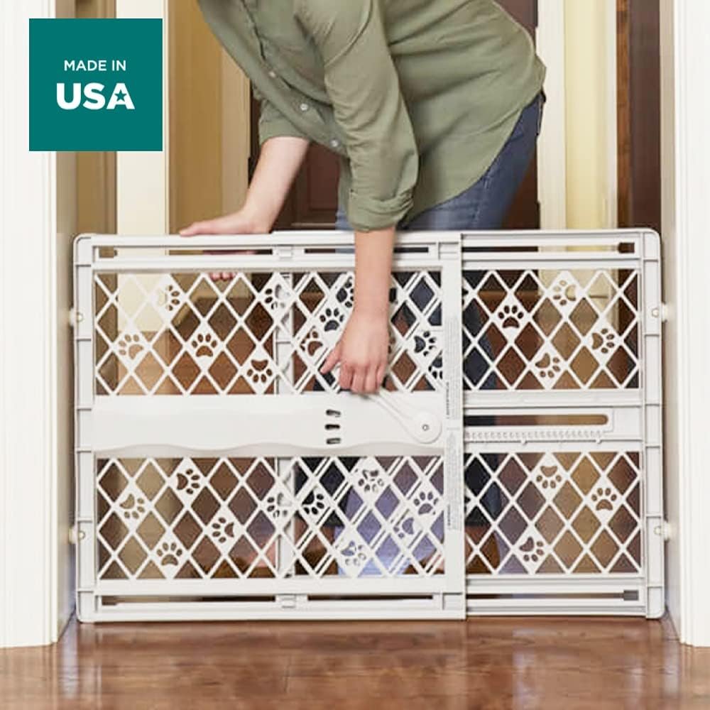 MYPET North States Paws Portable Pet Gate: 26-40 Wide. Pressure Mount. No tools needed. Made in USA. Dog Gate 23 Tall, Expandable, Durable Dog Gates for Doorways, Light Gray