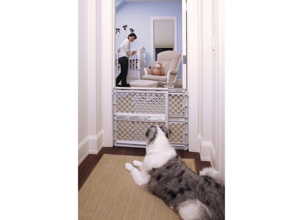 MYPET North States Universal Pet Gate: 26” - 42” Wide Dog Gate. Can be Pressure Mounted or used as Swinging Door with Included Hardware. Dog Gates for Doorways, 26 Tall, Gray