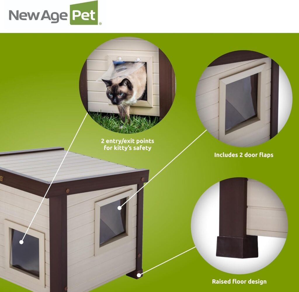 New Age Pet ECOFLEX Outdoor Cat House - Durable, Ventilated, Dual Entry, Easy Assembly, Elevated Floor, Heated Pad Compatible, 10-Year Warranty, for Multiple Cats, Maple/Brown