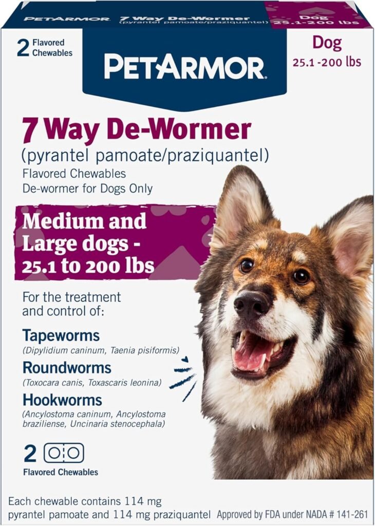 PetArmor 7 Way De-Wormer for Dogs, Oral Treatment for Tapeworm, Roundworm Hookworm in Large Dogs Puppies (Over 25 lbs), Worm Remover (Praziquantel Pyrantel Pamoate), 2 Flavored Chewables