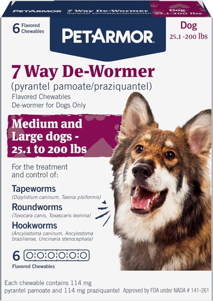 PetArmor 7 Way De-Wormer for Dogs, Oral Treatment for Tapeworm, Roundworm Hookworm in Large Dogs Puppies (Over 25 lbs), Worm Remover (Praziquantel Pyrantel Pamoate), 2 Flavored Chewables