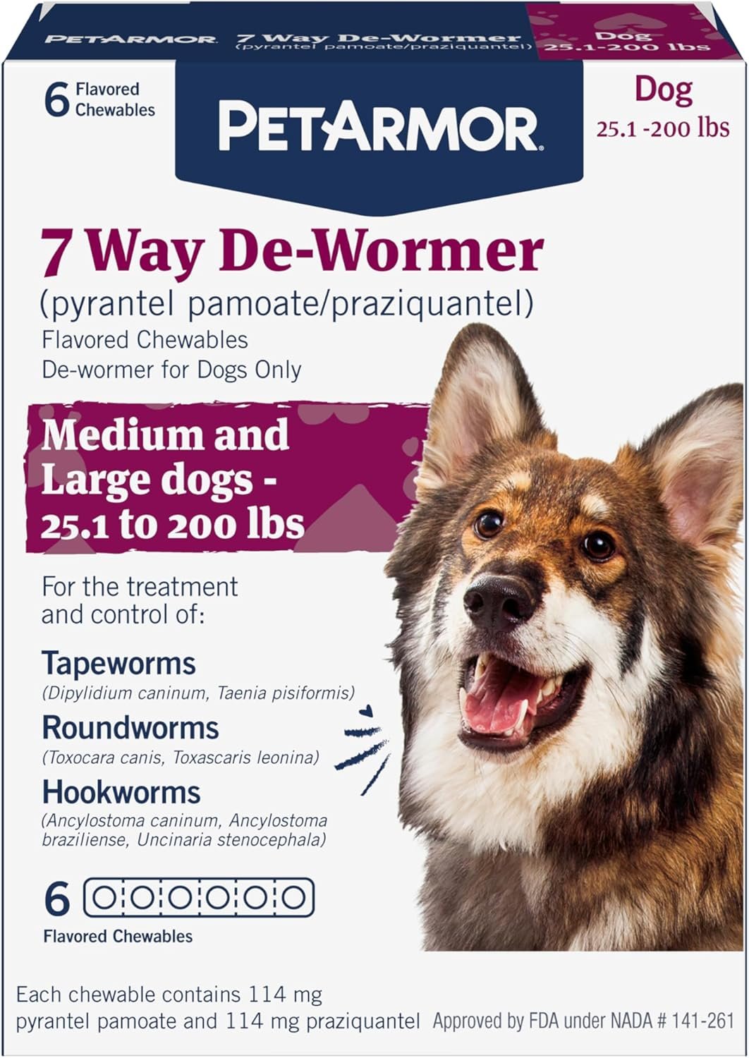 Petarmor 7 way de wormer for dogs oral treatment for tapeworm roundworm hookworm in large dogs puppies over 25 lbs worm 1