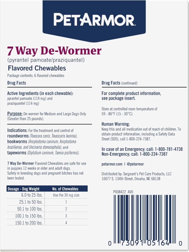 PetArmor 7 Way De-Wormer for Dogs, Oral Treatment for Tapeworm, Roundworm Hookworm in Small Dogs Puppies (6-25 lbs), Worm Remover (Praziquantel Pyrantel Pamoate), 6 Flavored Chewables PetArmor 7 Way De-Wormer for Dogs, Oral Treatment for Tapeworm, Roundworm Hookworm in Small Dogs Puppies (6-25 lbs), Worm Remover (Praziquantel Pyrantel Pamoate), 6 Flavored Chewables