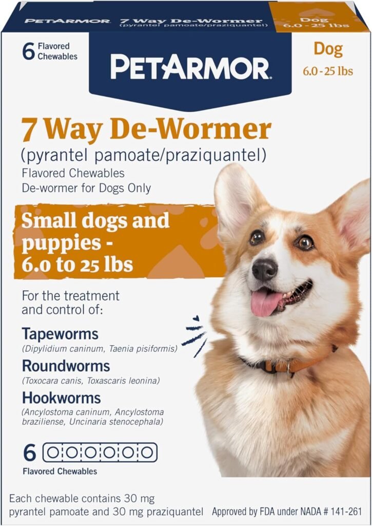 PetArmor 7 Way De-Wormer for Dogs, Oral Treatment for Tapeworm, Roundworm Hookworm in Small Dogs Puppies (6-25 lbs), Worm Remover (Praziquantel Pyrantel Pamoate), 6 Flavored Chewables PetArmor 7 Way De-Wormer for Dogs, Oral Treatment for Tapeworm, Roundworm Hookworm in Small Dogs Puppies (6-25 lbs), Worm Remover (Praziquantel Pyrantel Pamoate), 6 Flavored Chewables