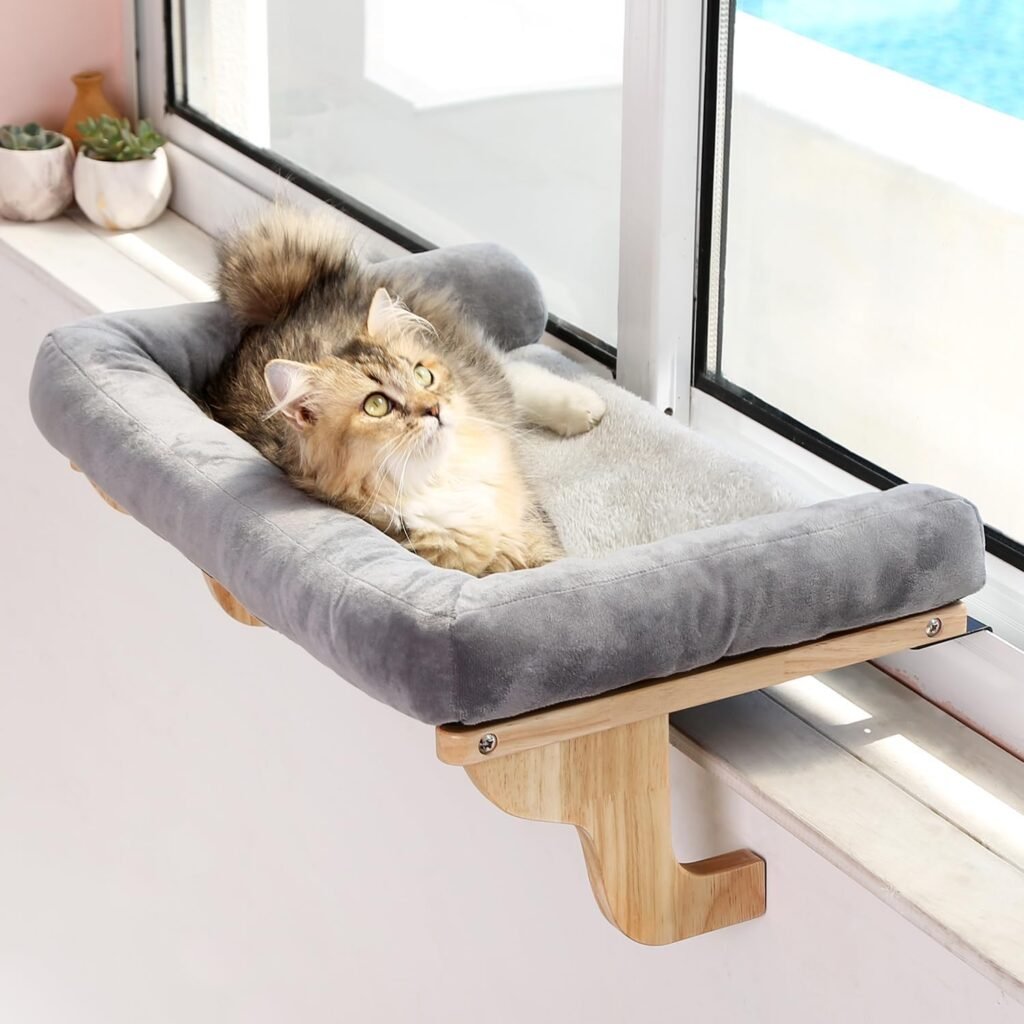 Zakkart Cat Perch for Window Sill with Bolster - Orthopedic Hammock Design with Premium Hardwood Robust Metal Frame - Cat Window Seat for Large Cats and Kittens - Natural Color Wood with Brown Bed
