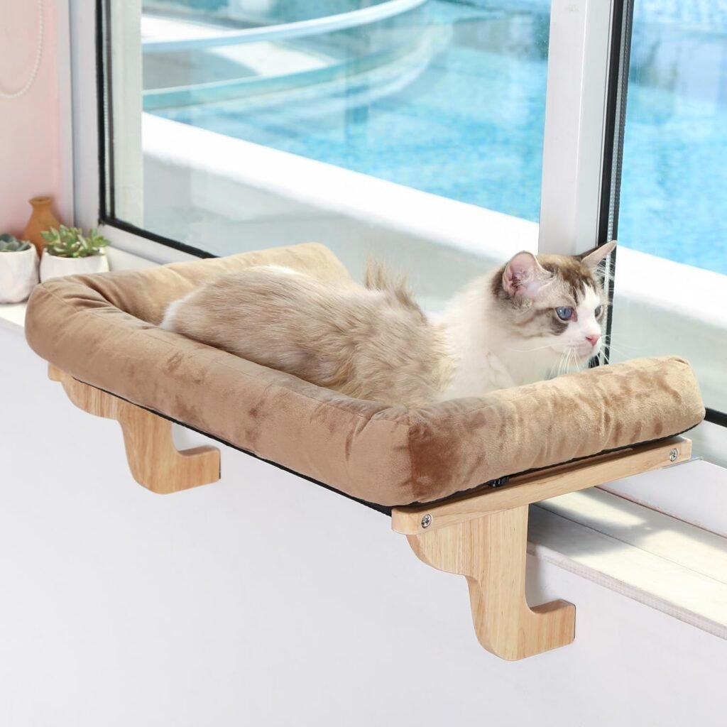 Zakkart Cat Perch for Window Sill with Bolster - Orthopedic Hammock Design with Premium Hardwood Robust Metal Frame - Cat Window Seat for Large Cats and Kittens - Natural Color Wood with Brown Bed