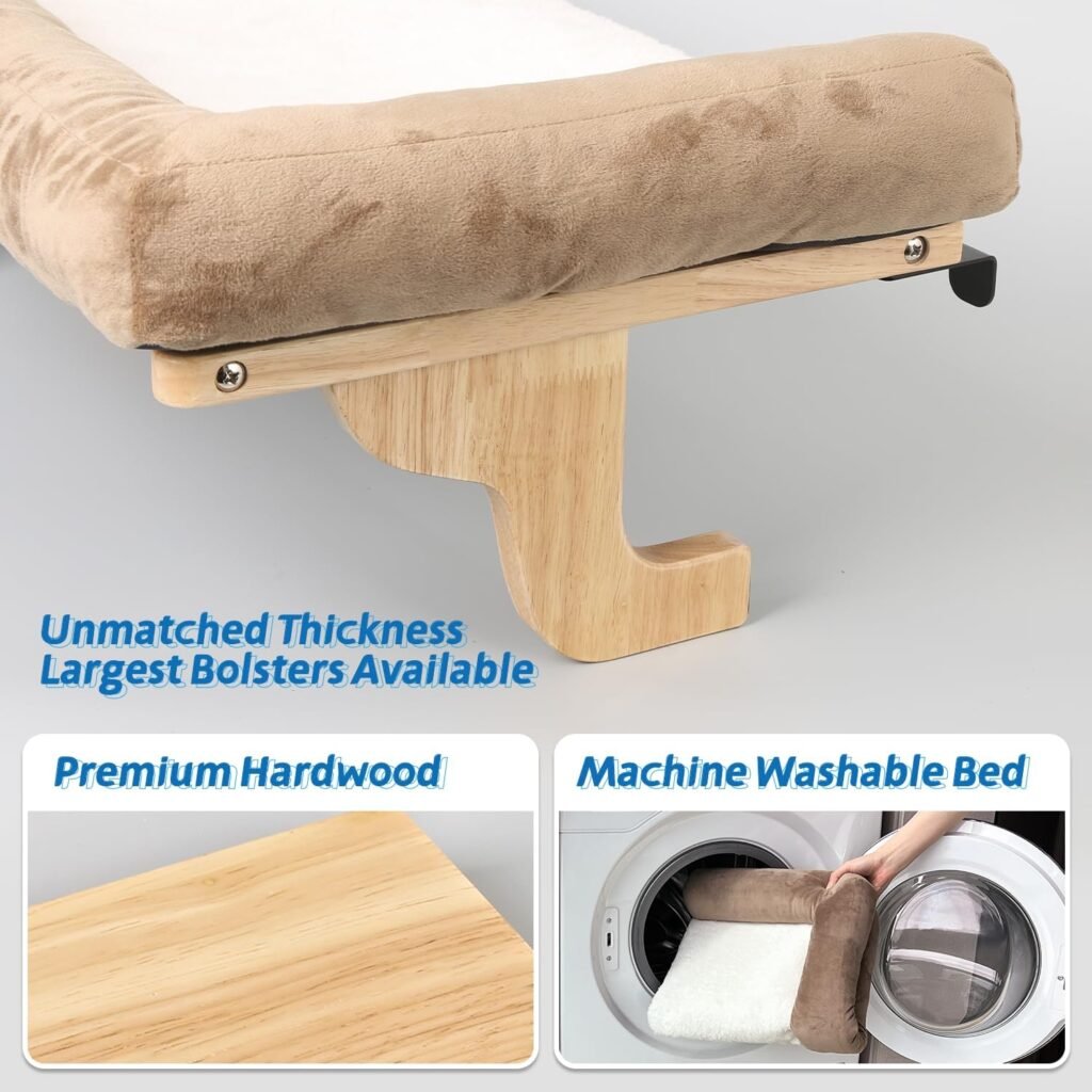 Zakkart Cat Perch for Window Sill with Bolster - Orthopedic Hammock Design with Premium Hardwood Robust Metal Frame - Cat Window Seat for Large Cats and Kittens - Natural Color Wood with Brown Bed