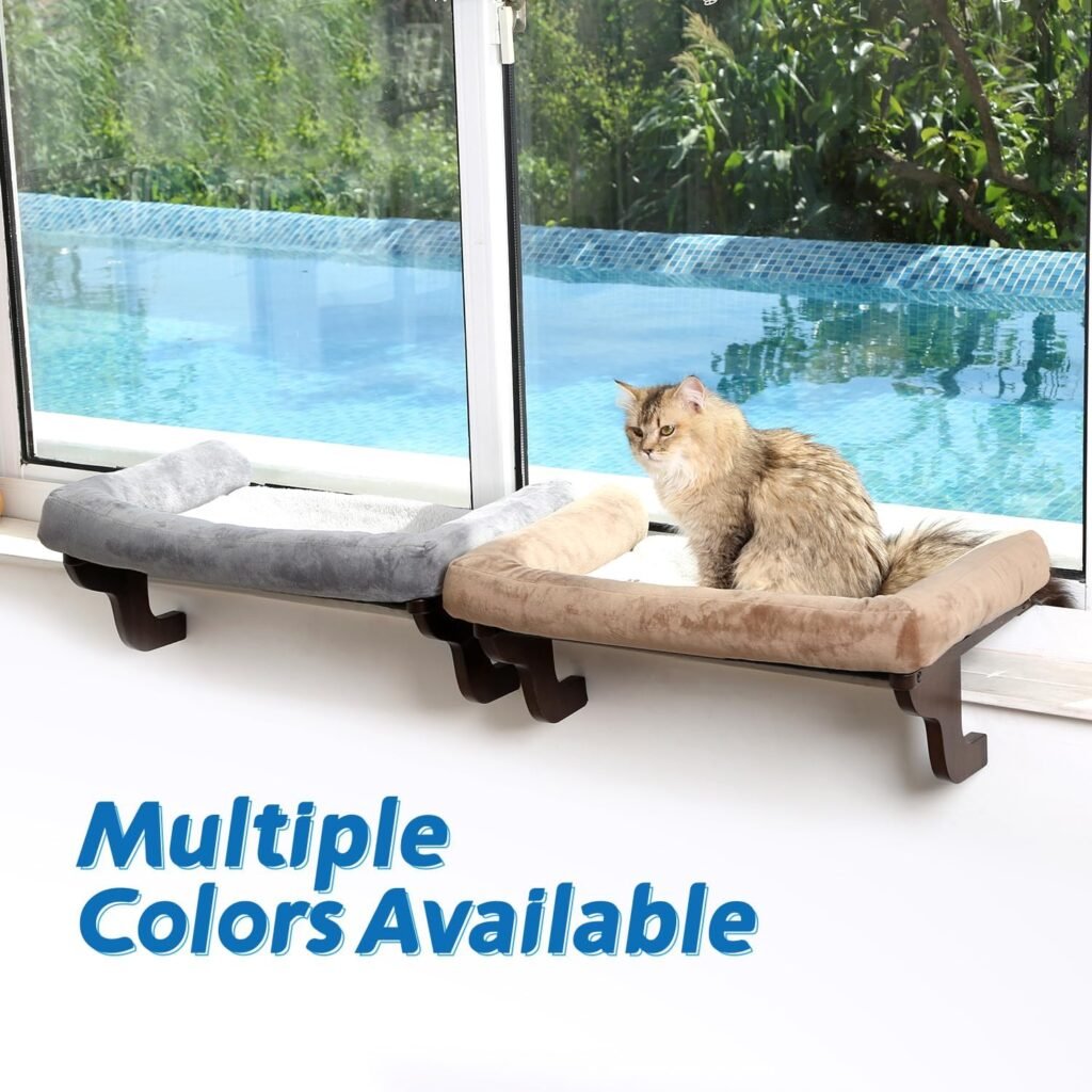 Zakkart Cat Perch for Window Sill with Bolster - Orthopedic Hammock Design with Premium Hardwood Robust Metal Frame - Cat Window Seat for Large Cats and Kittens - Natural Color Wood with Brown Bed