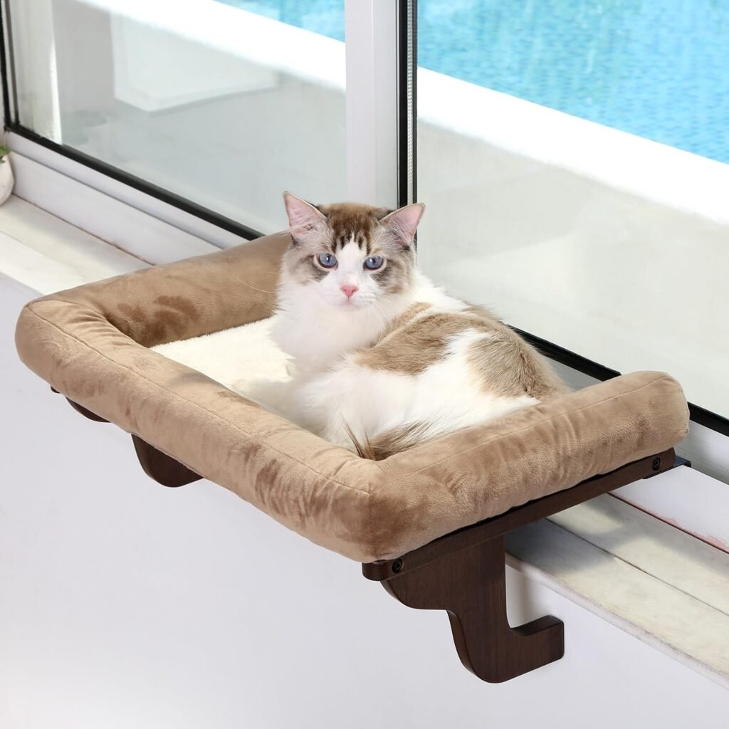 Zakkart Cat Perch for Window Sill with Bolster - Orthopedic Hammock Design with Premium Hardwood Robust Metal Frame - Cat Window Seat for Large Cats and Kittens - Natural Color Wood with Brown Bed