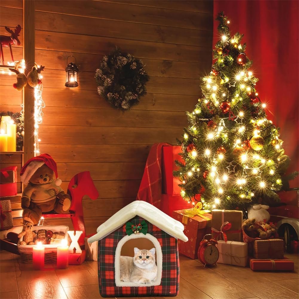 Christmas Cat Bed for Indoor Cats Plaid Christmas Cat Tent Cat Bed Cave for Pets Cats and Dogs (L (20.5 X 17 X 19.7 Inch))