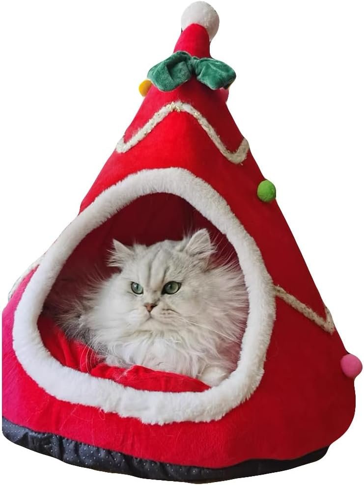 Christmas Tree Cat Bed for Indoor Cats House Tent with Detachable Pillow Xmas Cave Beds for Pets Cats and Dogs (15.7 X 15 Inch, Green Xmas Tree)