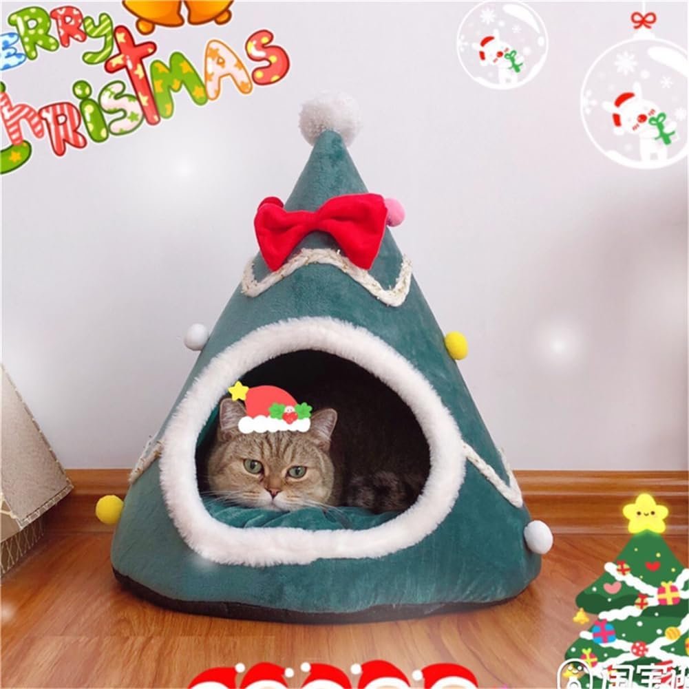 Christmas Tree Cat Bed for Indoor Cats House Tent with Detachable Pillow Xmas Cave Beds for Pets Cats and Dogs (19.7 X 17.7 Inch, Green Xmas Tree)