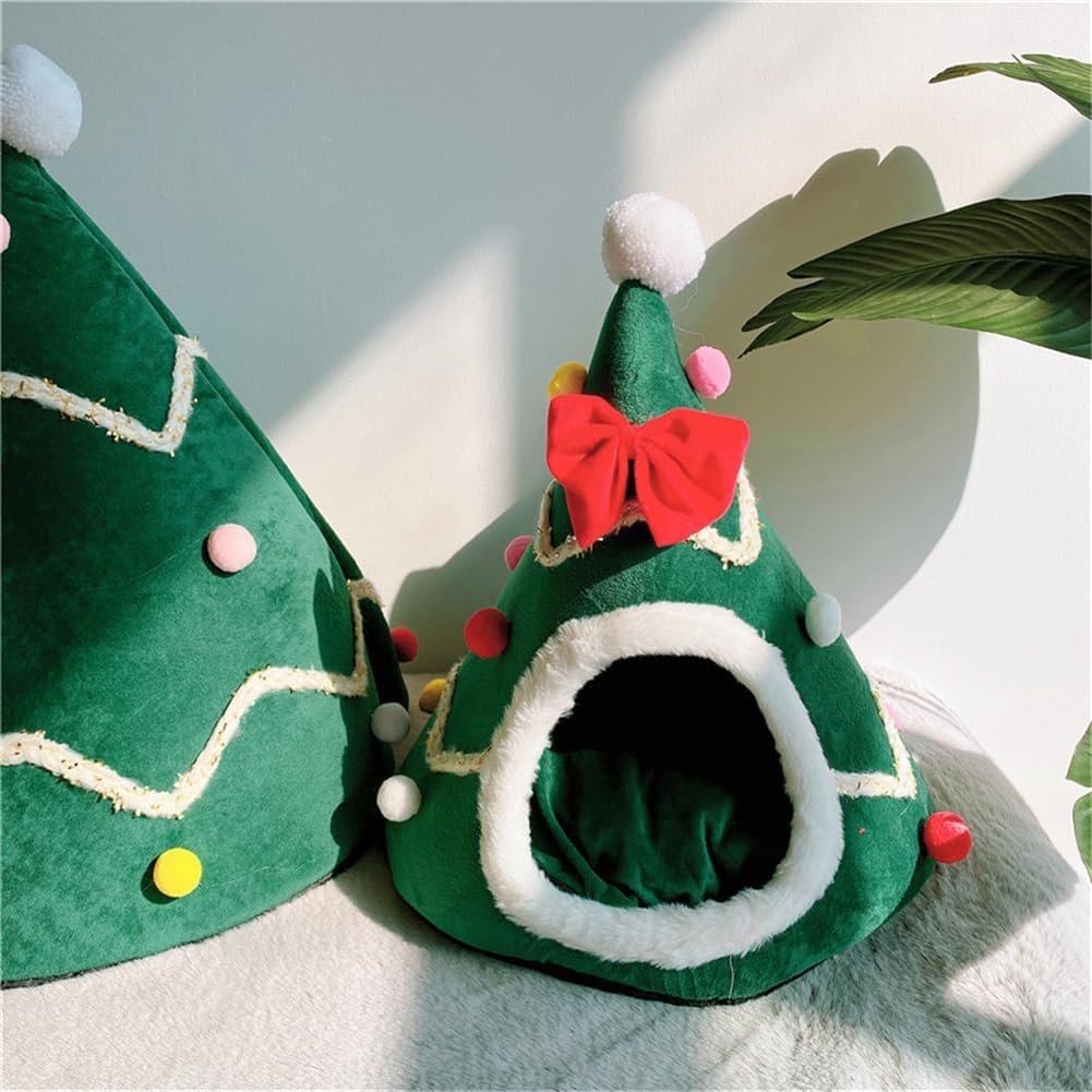 Christmas Tree Cat Bed for Indoor Cats House Tent with Detachable Pillow Xmas Cave Beds for Pets Cats and Dogs (19.7 X 17.7 Inch, Green Xmas Tree)
