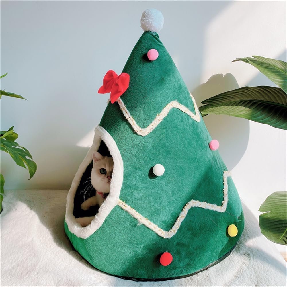 Christmas Tree Cat Bed for Indoor Cats House Tent with Detachable Pillow Xmas Cave Beds for Pets Cats and Dogs (19.7 X 17.7 Inch, Green Xmas Tree)