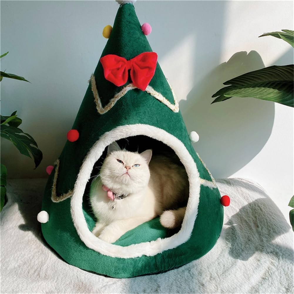 Christmas Tree Cat Bed for Indoor Cats House Tent with Detachable Pillow Xmas Cave Beds for Pets Cats and Dogs (19.7 X 17.7 Inch, Green Xmas Tree)