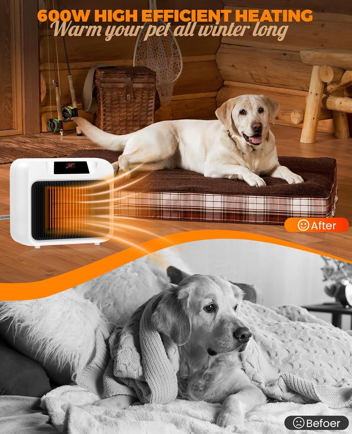 Dog house heater with thermostatheated dog house with 6ft anti chew cord and 2 heating mode 300600w safe pet house heate
