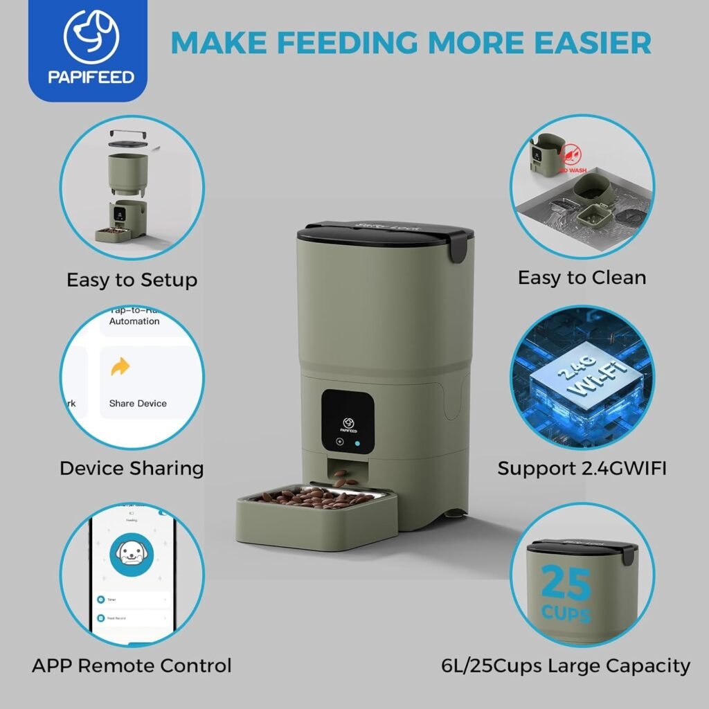 PAPIFEED Automatic Cat Feeder Upgrade, Smart Cat Feeder 6L - APP/Alexa Control, Dual Power Supply, Anti-chewing Cord, Stainless Steel Bowl, Anti-chewing Design for Cats and Small/Medium Dogs (Greener)