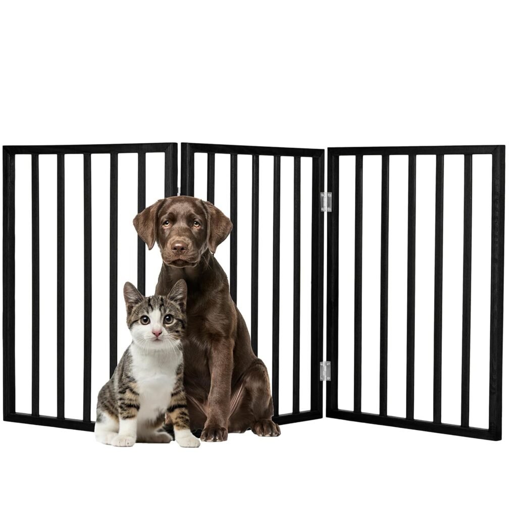 Pet Gate - 4-Panel Indoor Foldable Dog Fence for Stairs, Hallways, or Doorways - 72x24-Inch Wood Freestanding Dog Gates by PETMAKER (Black) Pet Gate - 4-Panel Indoor Foldable Dog Fence for Stairs, Hallways, or Doorways - 72x24-Inch Wood Freestanding Dog Gates by PETMAKER (Black)