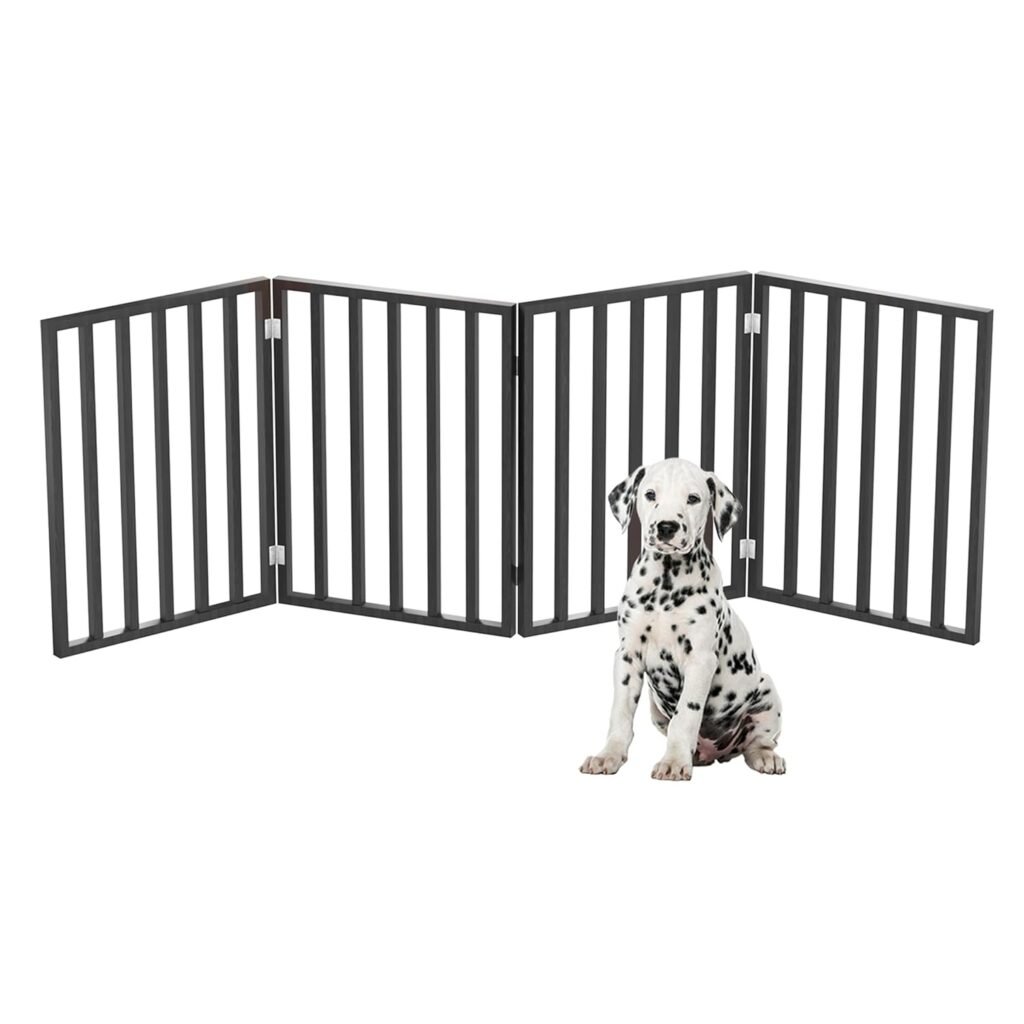 Pet Gate - 4-Panel Indoor Foldable Dog Fence for Stairs, Hallways, or Doorways - 72x24-Inch Wood Freestanding Dog Gates by PETMAKER (Black) Pet Gate - 4-Panel Indoor Foldable Dog Fence for Stairs, Hallways, or Doorways - 72x24-Inch Wood Freestanding Dog Gates by PETMAKER (Black)