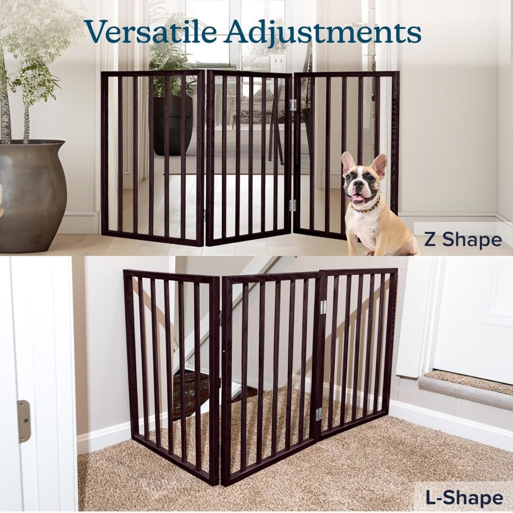 Pet Gate - 4-Panel Indoor Foldable Dog Fence for Stairs, Hallways, or Doorways - 72x24-Inch Wood Freestanding Dog Gates by PETMAKER (Black) Pet Gate - 4-Panel Indoor Foldable Dog Fence for Stairs, Hallways, or Doorways - 72x24-Inch Wood Freestanding Dog Gates by PETMAKER (Black)