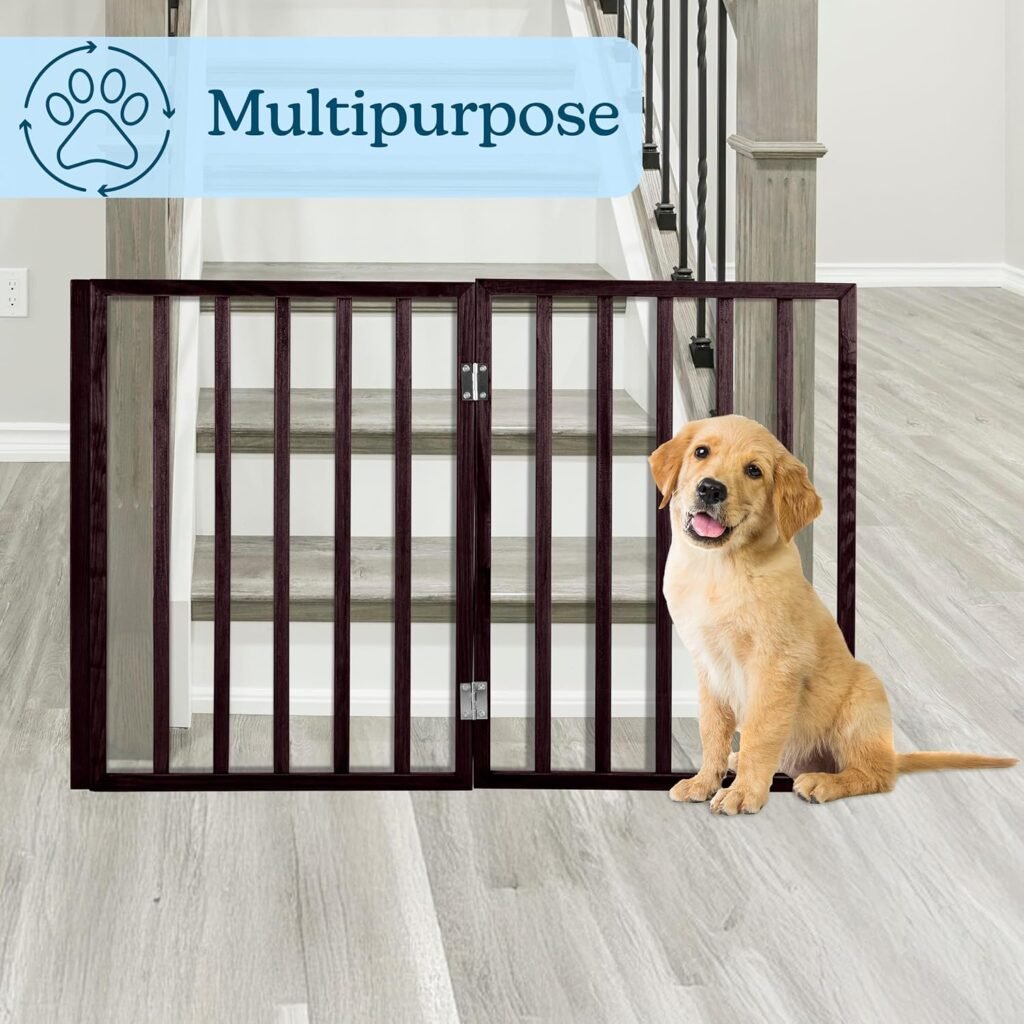Pet Gate - 4-Panel Indoor Foldable Dog Fence for Stairs, Hallways, or Doorways - 72x24-Inch Wood Freestanding Dog Gates by PETMAKER (Black) Pet Gate - 4-Panel Indoor Foldable Dog Fence for Stairs, Hallways, or Doorways - 72x24-Inch Wood Freestanding Dog Gates by PETMAKER (Black)