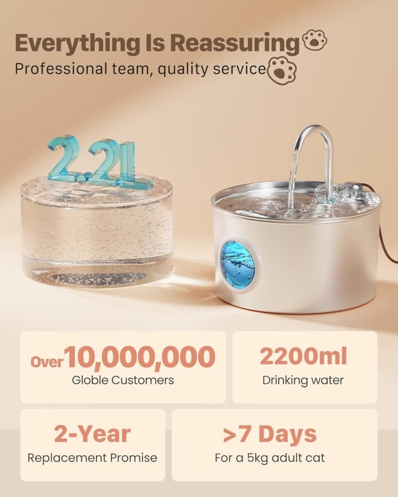 Cat Water Fountain Stainless Steel: 74oz/2.2L Cat Fountain for Drinking - Pet Water Fountain for Cats Inside - Quiet Cats Water Bowl Dispenser - Kitty Drinking Fountains - for Pets Small Animals Cat Water Fountain Stainless Steel: 74oz/2.2L Cat Fountain for Drinking - Pet Water Fountain for Cats Inside - Quiet Cats Water Bowl Dispenser - Kitty Drinking Fountains - for Pets Small Animals