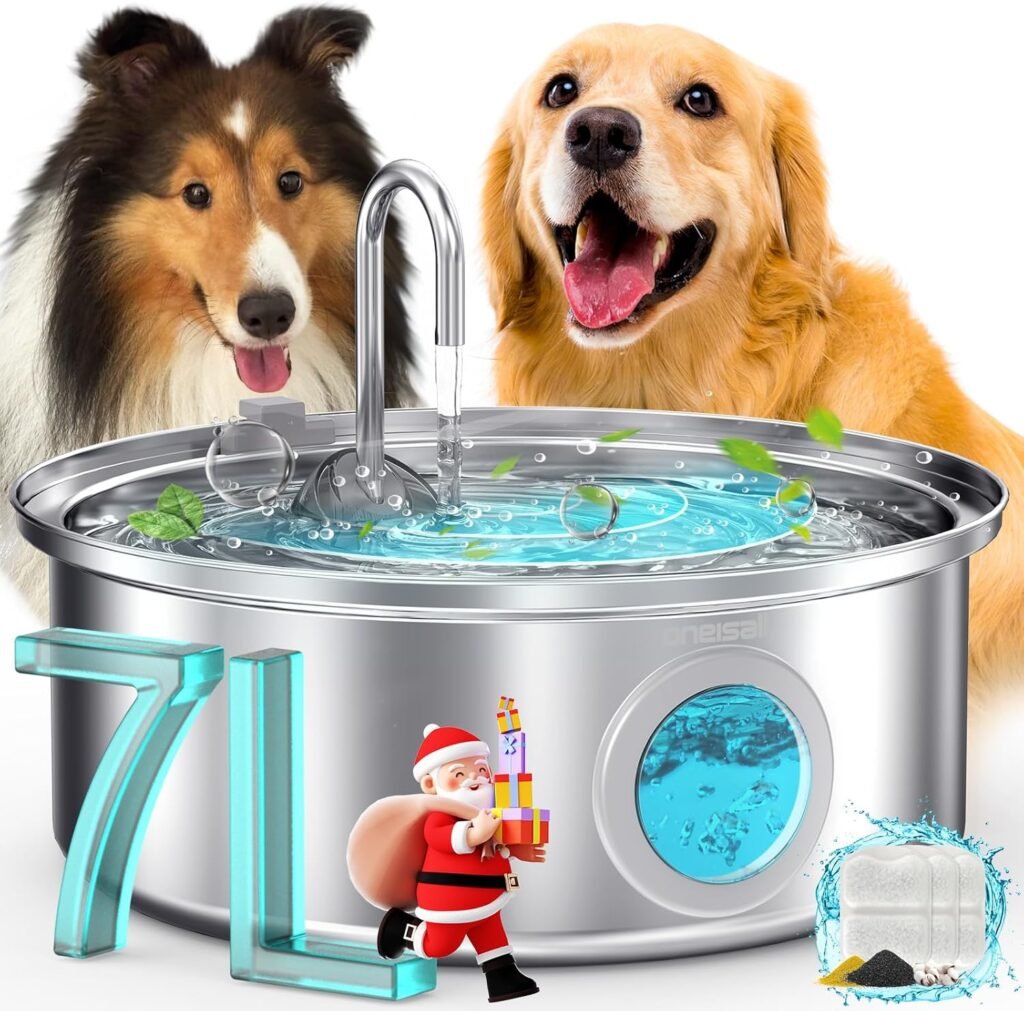 oneisall Dog Water Fountain, 7L/230oz/1.8G Quiet Dog Fountain Water Bowl, Stainless Steel Dog Water Fountain with Visual Water LevelTriple Filtration for Large Medium Small Breed Dogs Pets