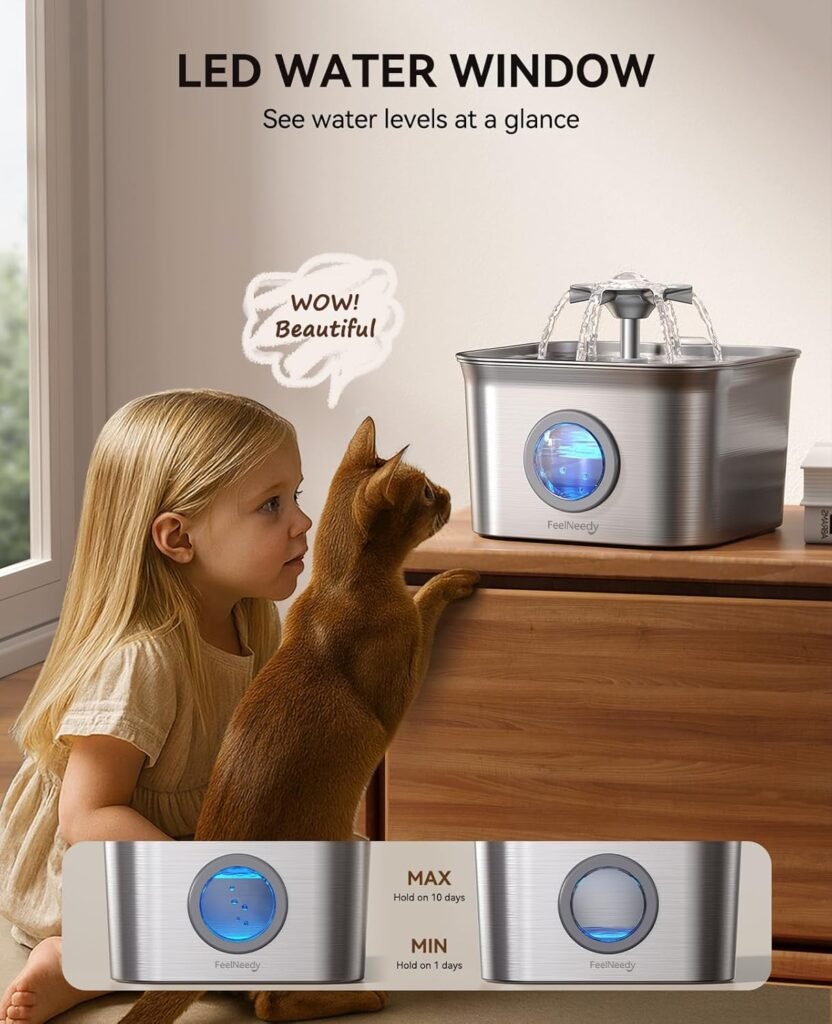 Stainless Steel Cat Water Fountain for Drinking with 3 Filters, 2.8L Auto Pet Drinking Fountain for Cats with 20dB Ultra-Quiet Pump, 24/7 Circulation Filtration LED Water Level Window Dishwasher Safe Stainless Steel Cat Water Fountain for Drinking with 3 Filters, 2.8L Auto Pet Drinking Fountain for Cats with 20dB Ultra-Quiet Pump, 24/7 Circulation Filtration LED Water Level Window Dishwasher Safe