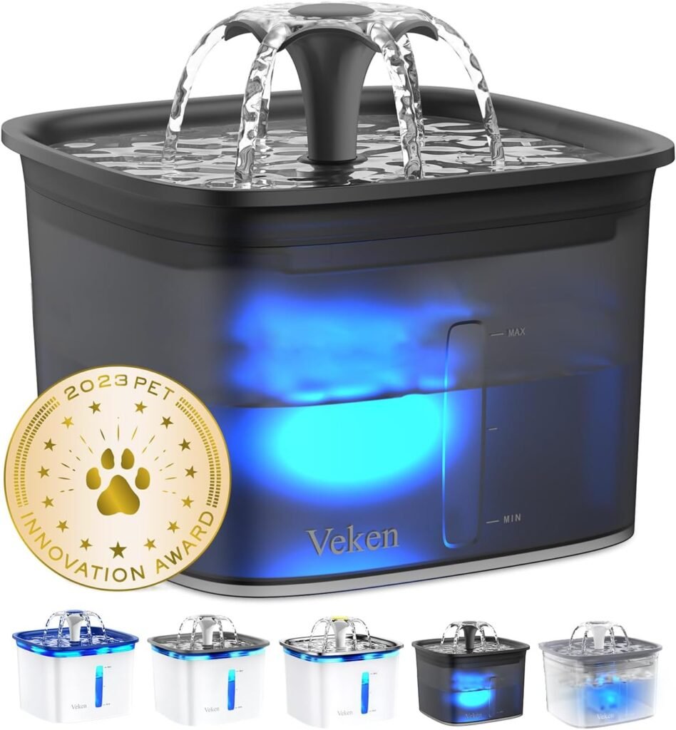 Veken Innovation Award Winner 95oz/2.8L Pet Fountain, Automatic Cat Water Fountain Dog Water Dispenser with Replacement Filters, Gifts for Christmas, Cats, Dogs, Multiple Pets (Grey, Plastic)