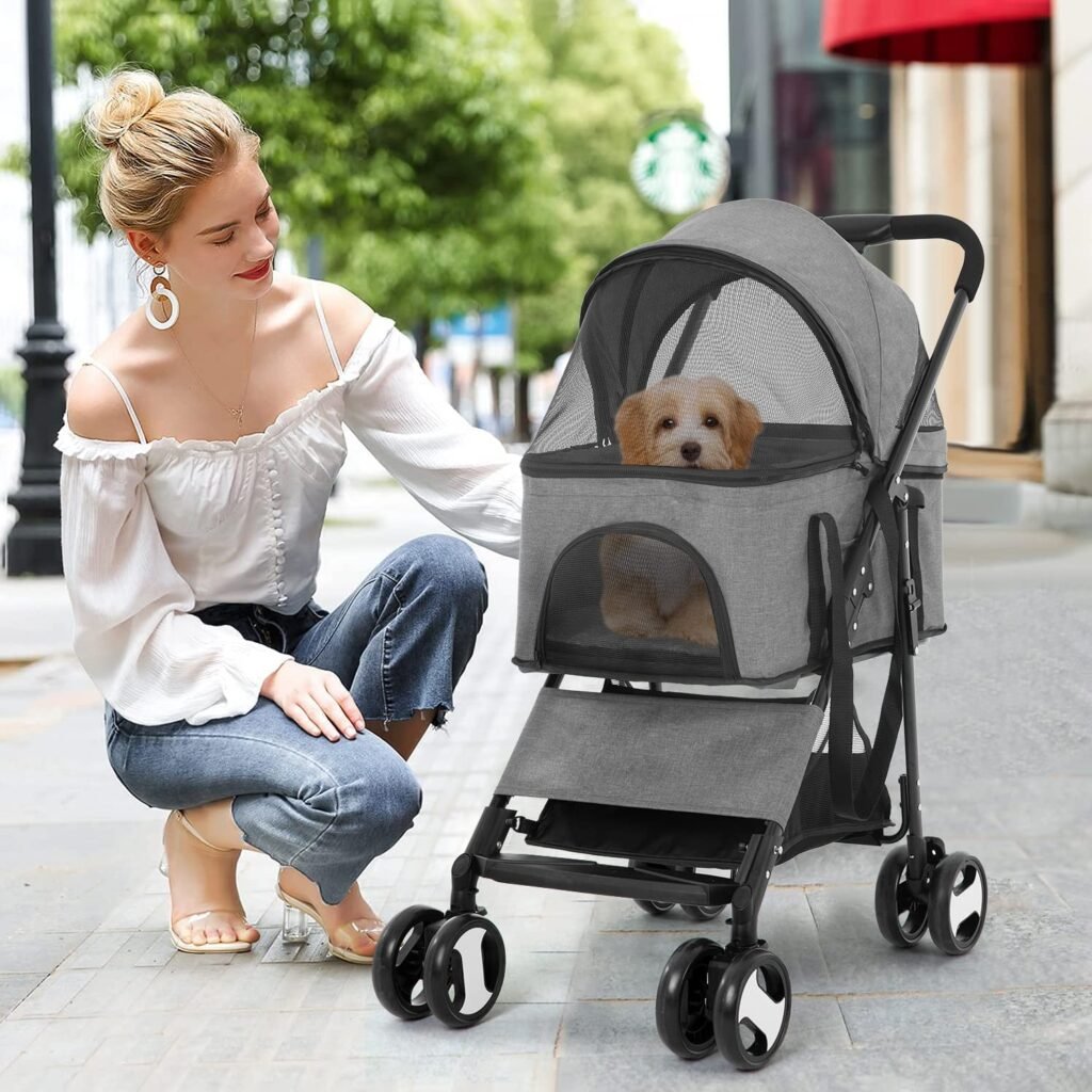 BestPet Pet Stroller Premium 3-in-1 Multifunction Dog Cat Jogger Stroller for Medium Small Dogs Cats with Folding Lightweight Travel  Detachable Carrier,Grey