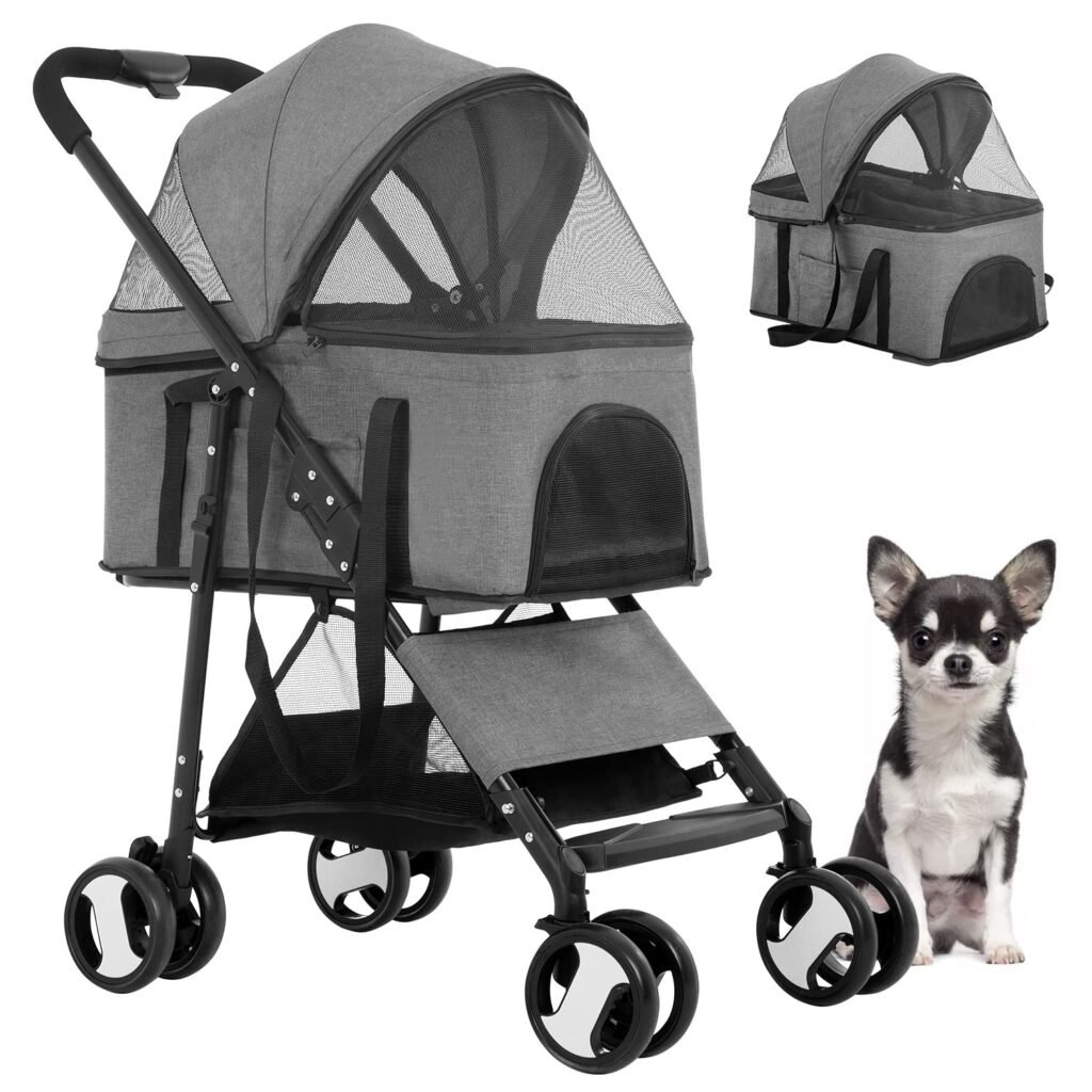 BestPet Pet Stroller Premium 3-in-1 Multifunction Dog Cat Jogger Stroller for Medium Small Dogs Cats with Folding Lightweight Travel  Detachable Carrier,Grey