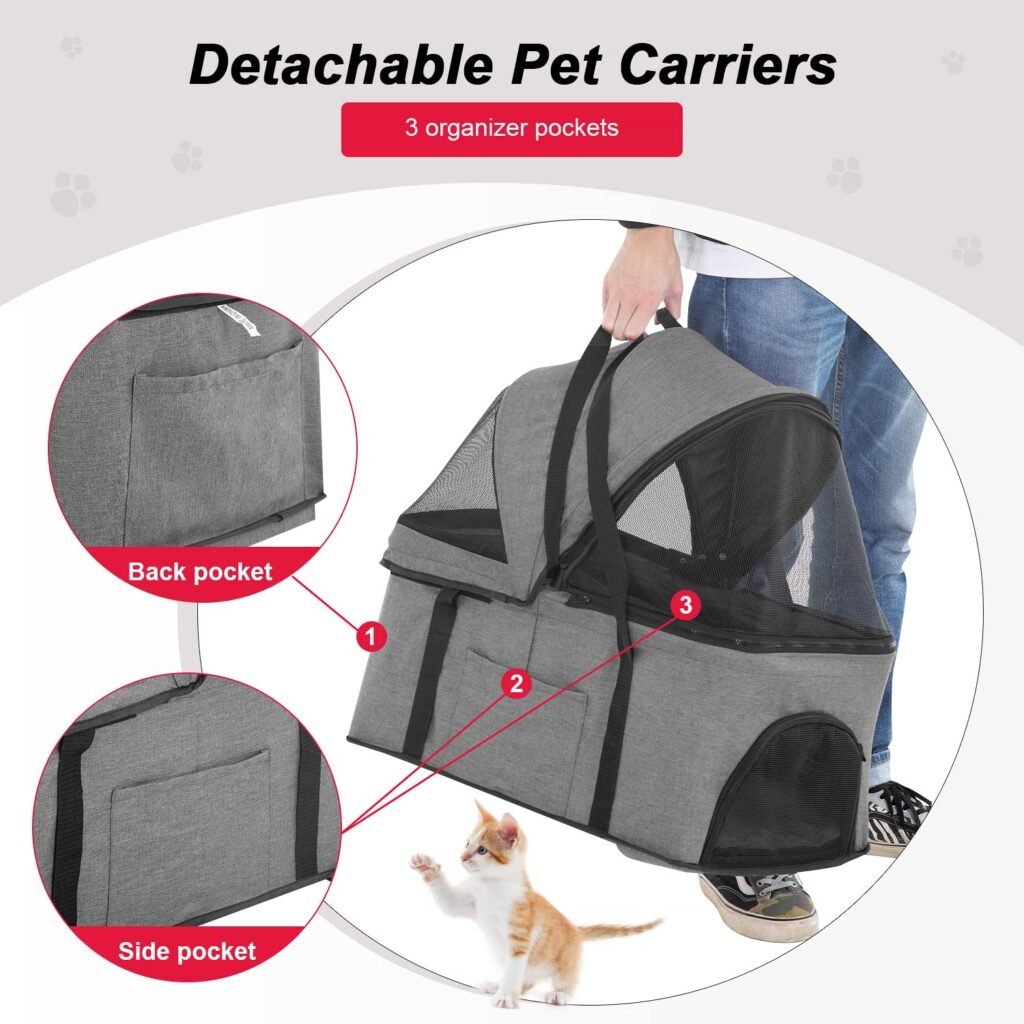 BestPet Pet Stroller Premium 3-in-1 Multifunction Dog Cat Jogger Stroller for Medium Small Dogs Cats with Folding Lightweight Travel  Detachable Carrier,Grey