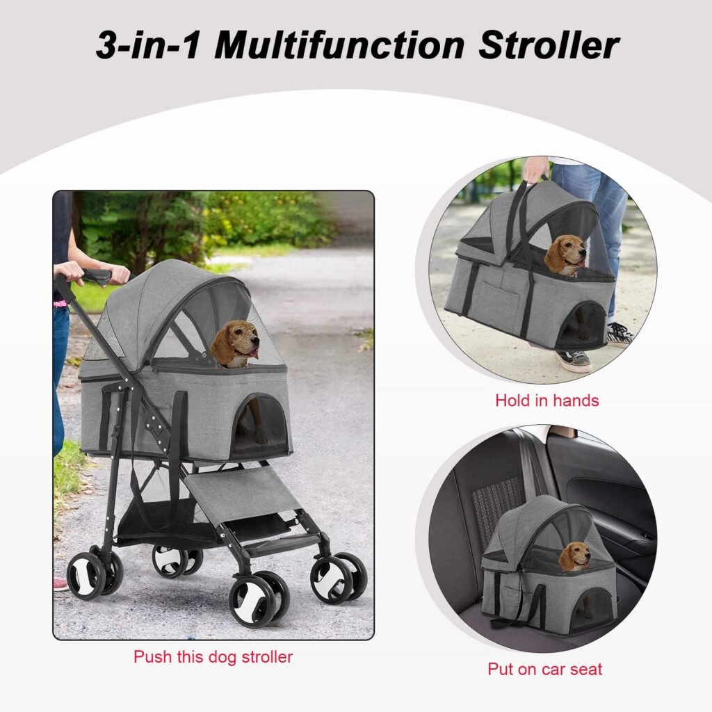 BestPet Pet Stroller Premium 3-in-1 Multifunction Dog Cat Jogger Stroller for Medium Small Dogs Cats with Folding Lightweight Travel  Detachable Carrier,Grey