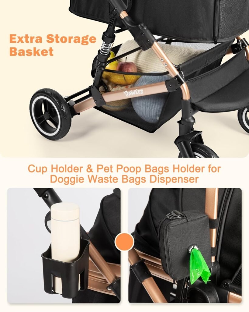 Dog Stroller for Medium Dogs Up to Lbs, Cats Stroller for Cats, in Pet Stroller with Bag Holder for Leashes, 3-Roll Poop Bags, 600D Waterproof Oxford Fiber, Adjustable Handle (Black)