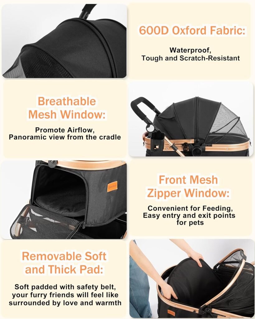 Dog Stroller for Medium Dogs Up to Lbs, Cats Stroller for Cats, in Pet Stroller with Bag Holder for Leashes, 3-Roll Poop Bags, 600D Waterproof Oxford Fiber, Adjustable Handle (Black)