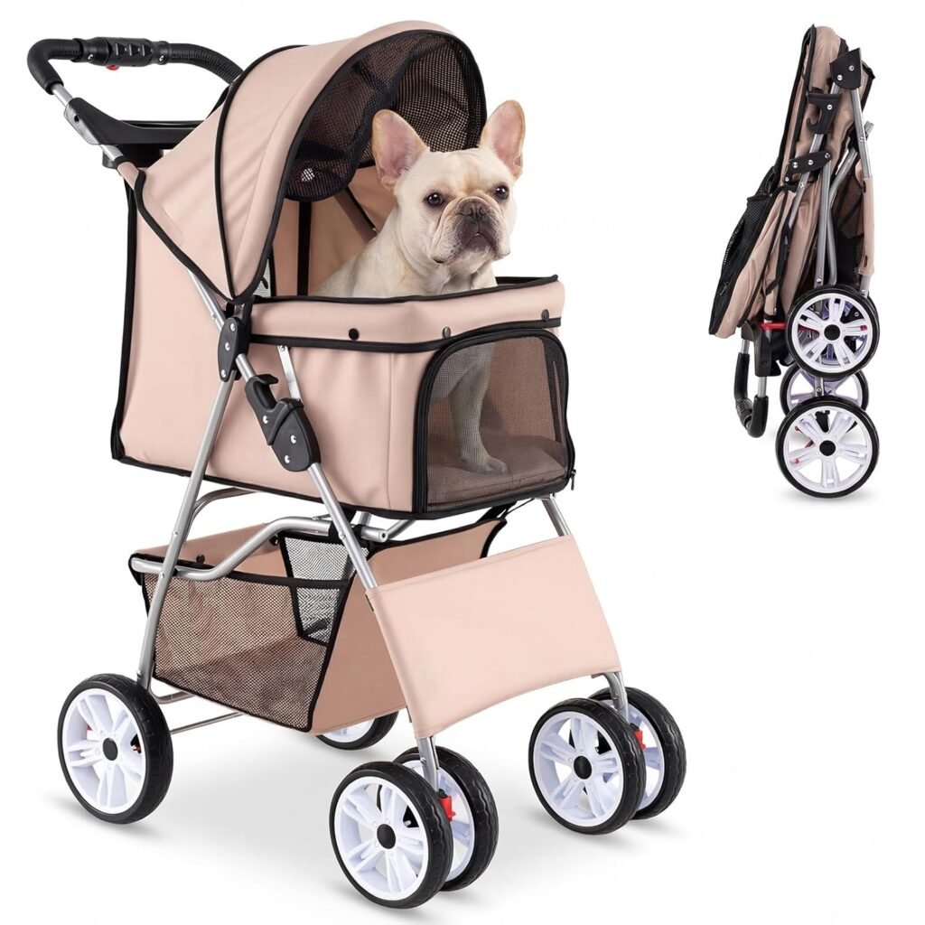 Giantex Foldable Pet Stroller for Small Dogs Cats, Lightweight Dog Stroller with Lockable Wheels, One-Hand Quick Fold, Adjustable Canopy, Safety Leash Storage Basket, Pet Travel Stroller, Beige Giantex Foldable Pet Stroller for Small Dogs Cats, Lightweight Dog Stroller with Lockable Wheels, One-Hand Quick Fold, Adjustable Canopy, Safety Leash Storage Basket, Pet Travel Stroller, Beige