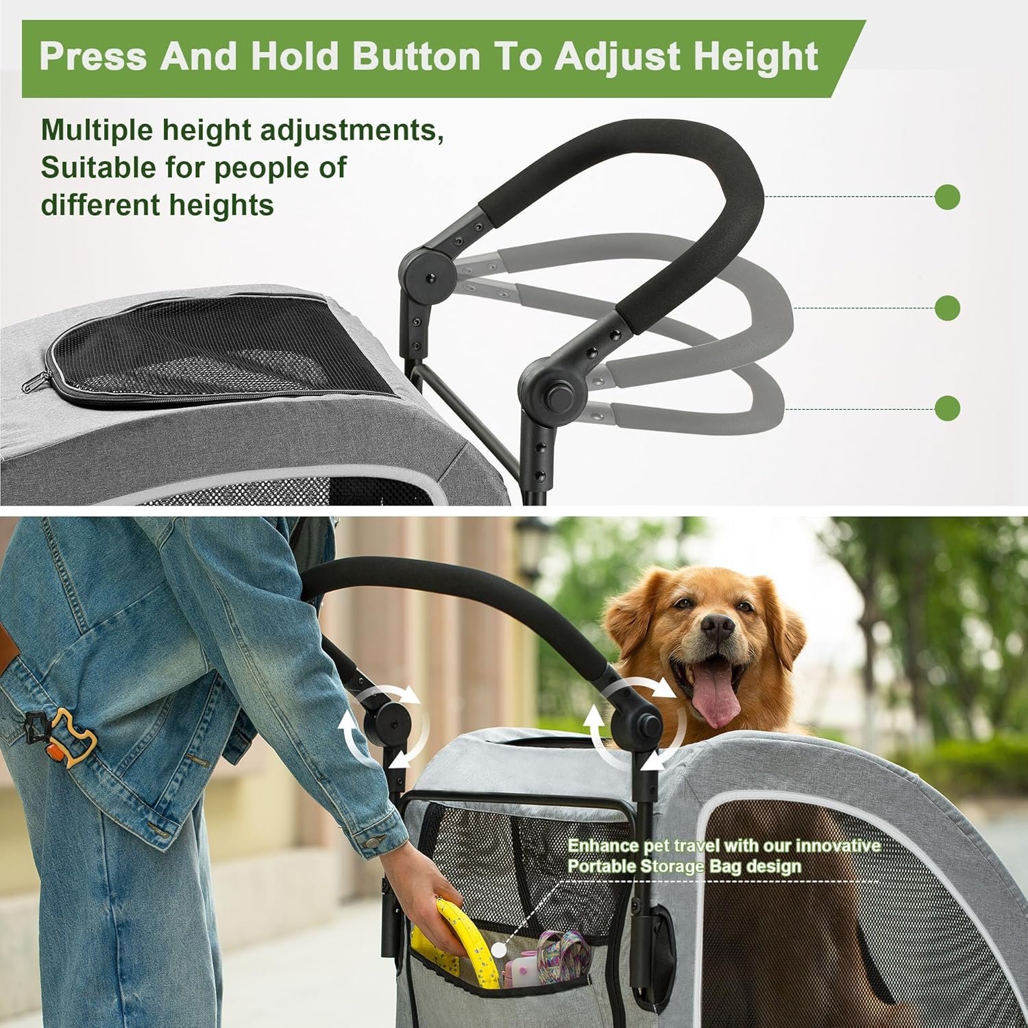 Large Dog Stroller – Dual Entry Safety Folding Pet Stroller with Adjustable Handle, All-Terrain 4-Wheel, 160 lbs Weight Capacity for Travel & Outdoor Adventures – Gray