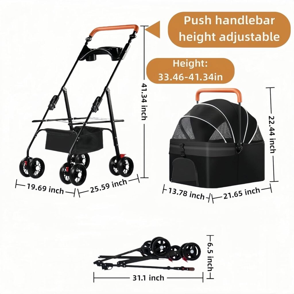 Pet Stroller for Medium Small Dogs/Cats - Wheels Foldable Dog Stroller with Storage Basket,Dog/Cat Carrier,Adjustable Handle,Folding Puppy Carrier Suitable for Traveling with Cats and Dogs (Black)