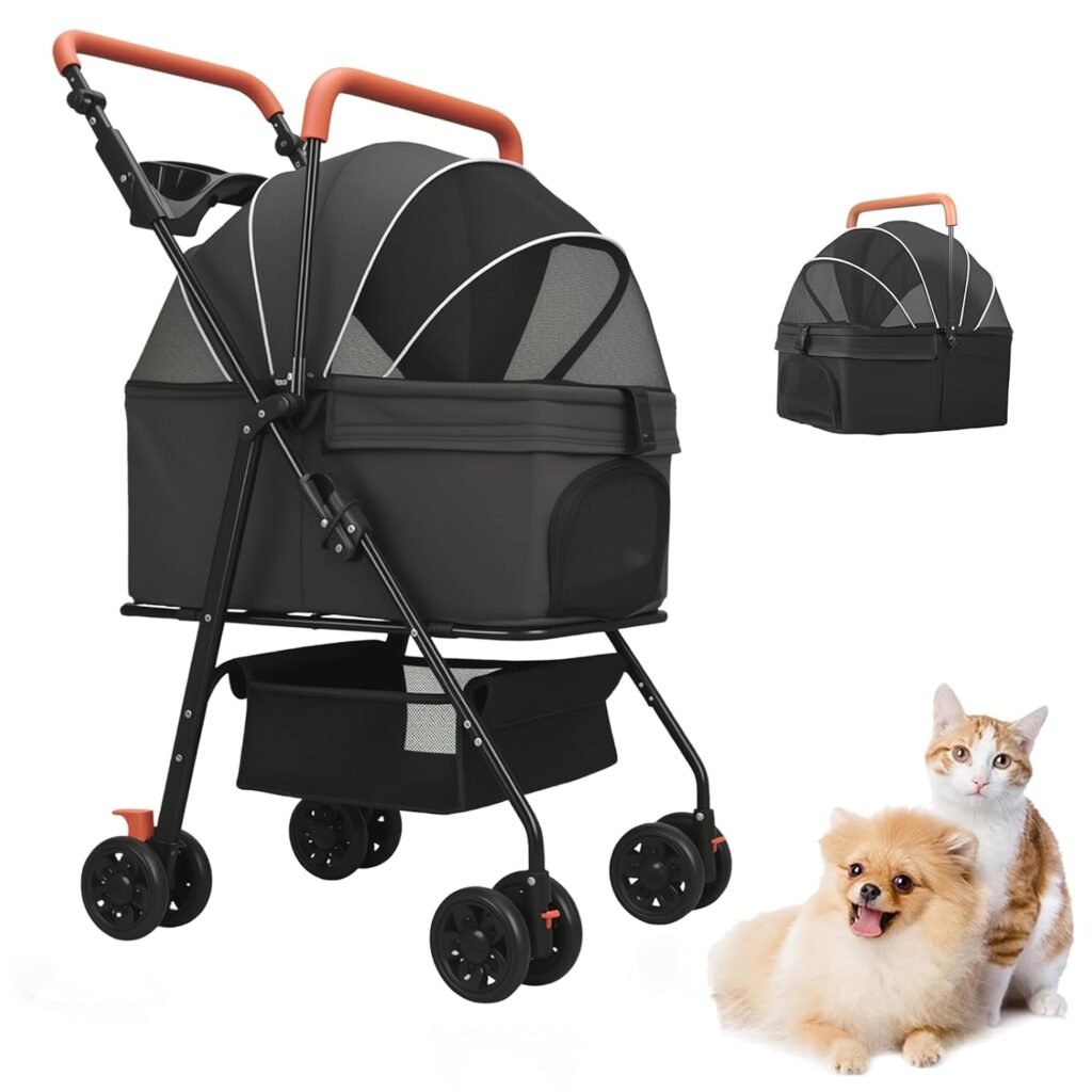Pet Stroller for Medium Small Dogs/Cats - Wheels Foldable Dog Stroller with Storage Basket,Dog/Cat Carrier,Adjustable Handle,Folding Puppy Carrier Suitable for Traveling with Cats and Dogs (Black)