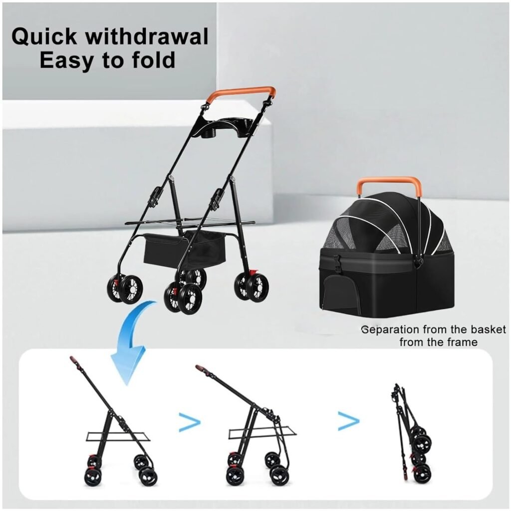 Pet Stroller for Medium Small Dogs/Cats - Wheels Foldable Dog Stroller with Storage Basket,Dog/Cat Carrier,Adjustable Handle,Folding Puppy Carrier Suitable for Traveling with Cats and Dogs (Black)